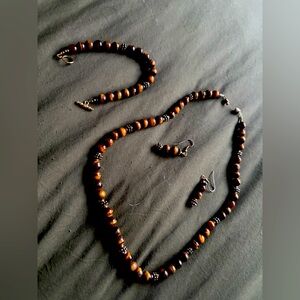 vintage tiger eye necklace+bracelet+earring set